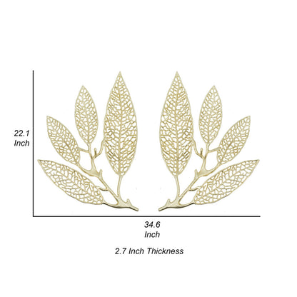 18 Inch Set of 2 Wall Art Decor Pieces, Leaf Design, Modern Gold Finish