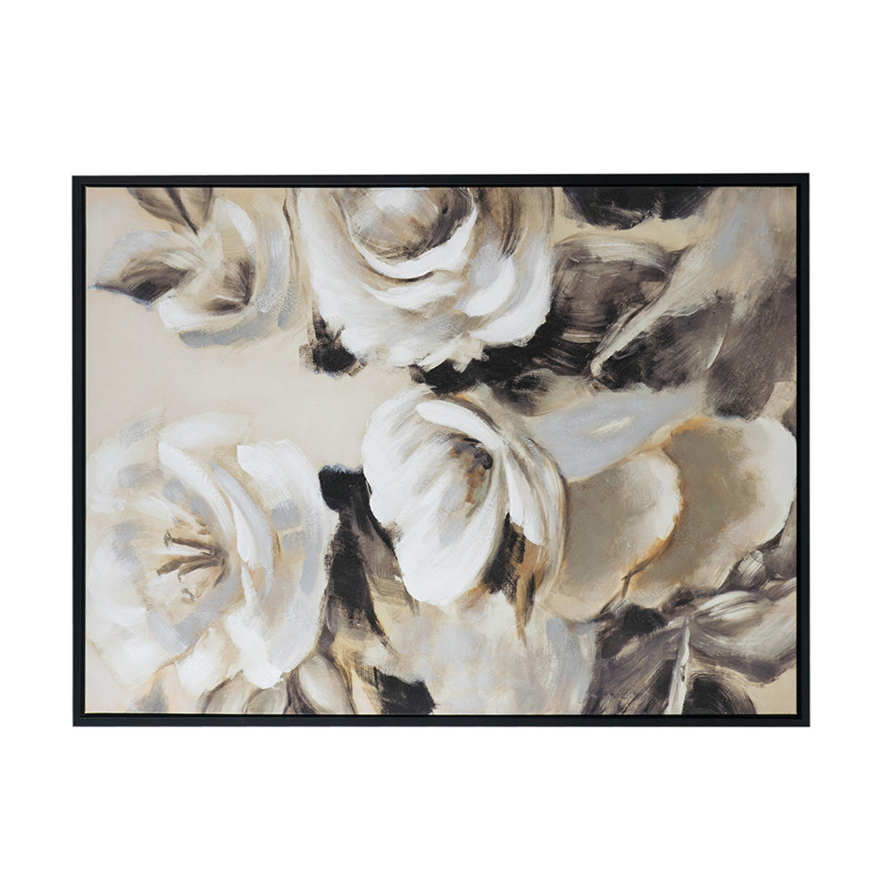 35 x 47 Framed Wall Art, Flower Print, Modern Style, Beige, Black, White