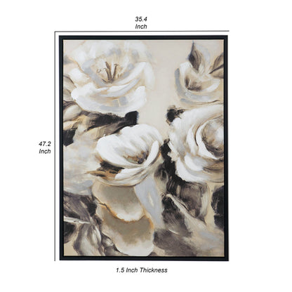 35 x 47 Framed Wall Art, Flower Print, Modern Style, Beige, Black, White