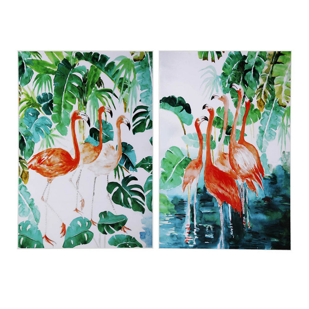 32 x 48 Set of 2 Framed Wall Art, Botanical Flamingo Print, Green, White