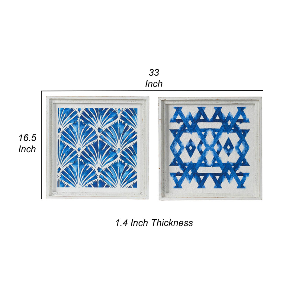 17 x 17 Set of 2 Framed Wall Art, Geometric Print, Modern, White, Blue