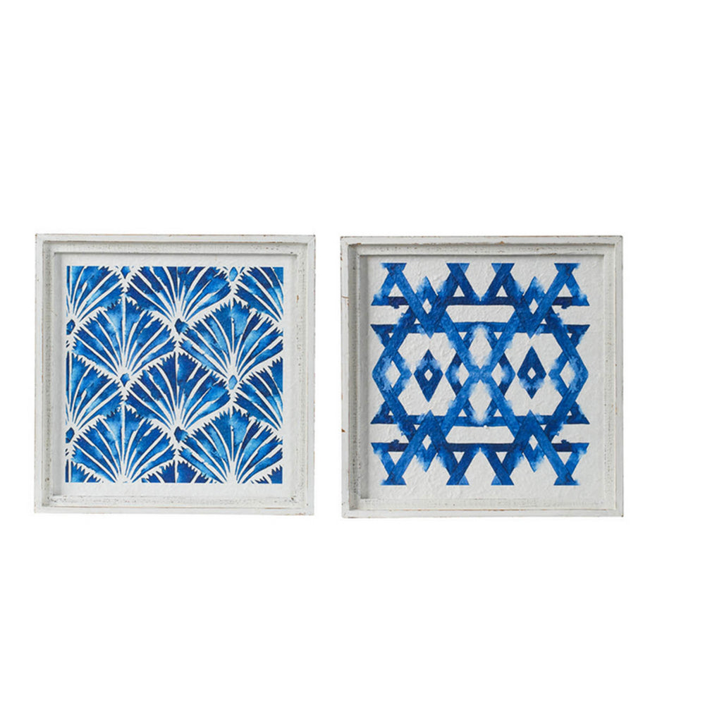 17 x 17 Set of 2 Framed Wall Art, Geometric Print, Modern, White, Blue