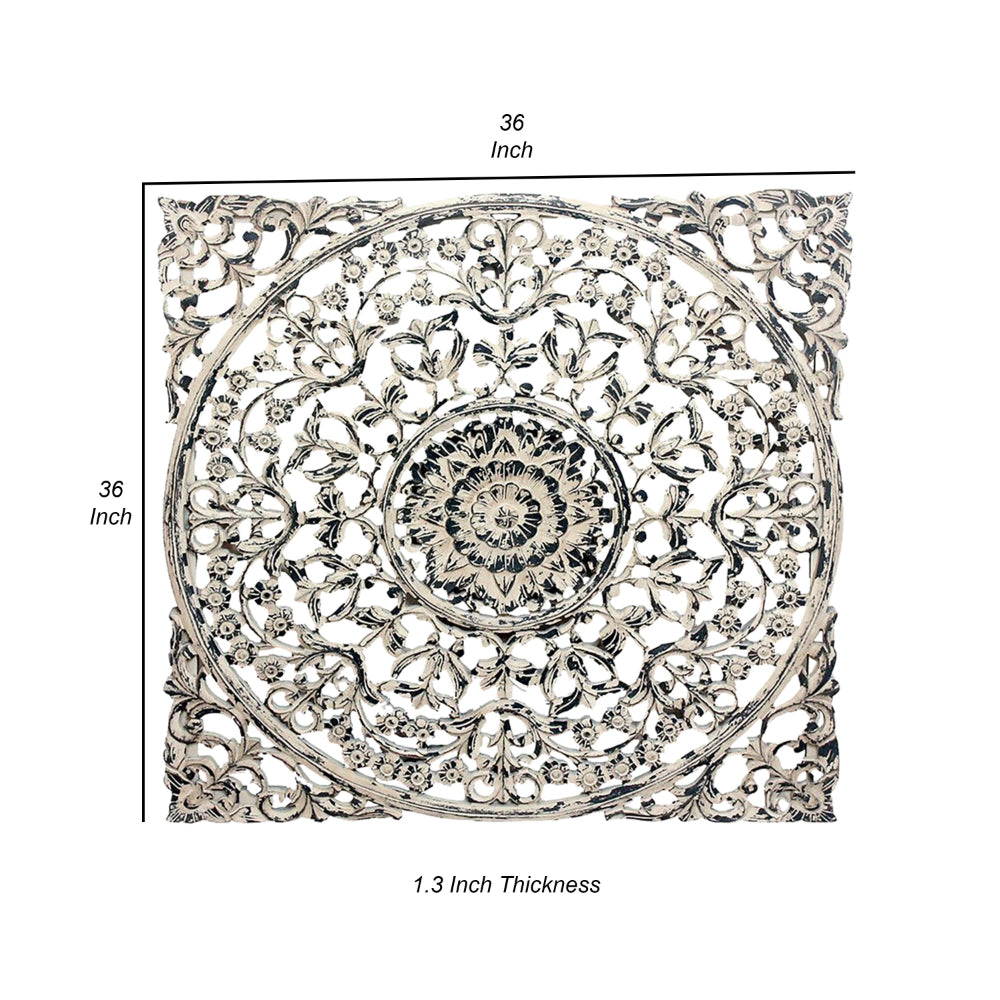 36 x 36 Decorative Wood Wall Panel, Intricate Carved Design, Silver Finish