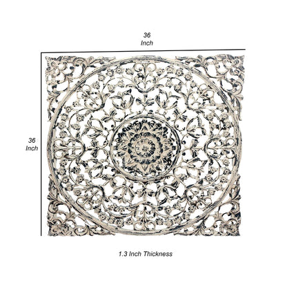 36 x 36 Decorative Wood Wall Panel, Intricate Carved Design, Silver Finish