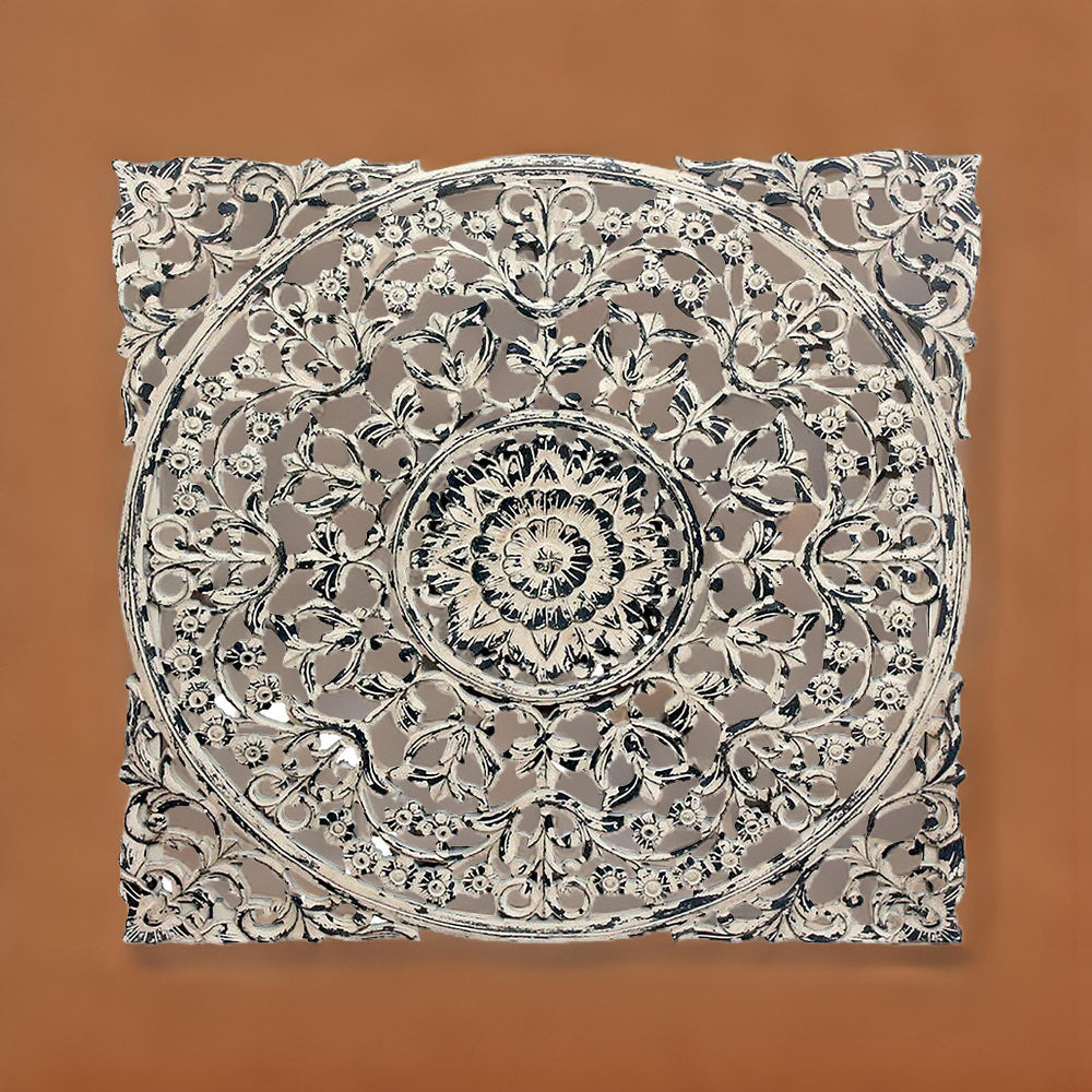 36 x 36 Decorative Wood Wall Panel, Intricate Carved Design, Silver Finish