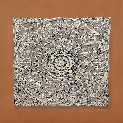 36 x 36 Decorative Wood Wall Panel, Intricate Carved Design, Silver Finish