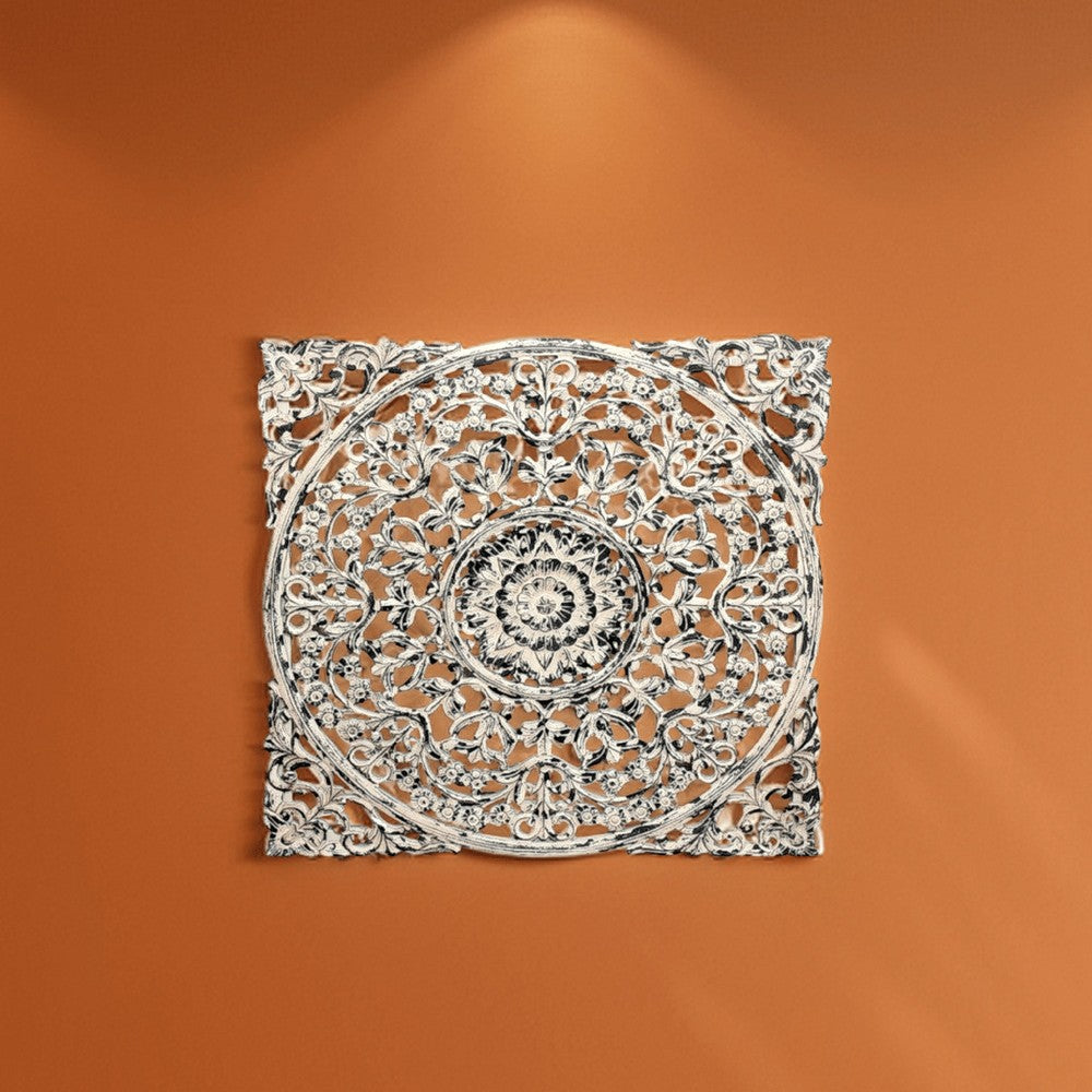 36 x 36 Decorative Wood Wall Panel, Intricate Carved Design, Silver Finish