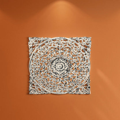 36 x 36 Decorative Wood Wall Panel, Intricate Carved Design, Silver Finish