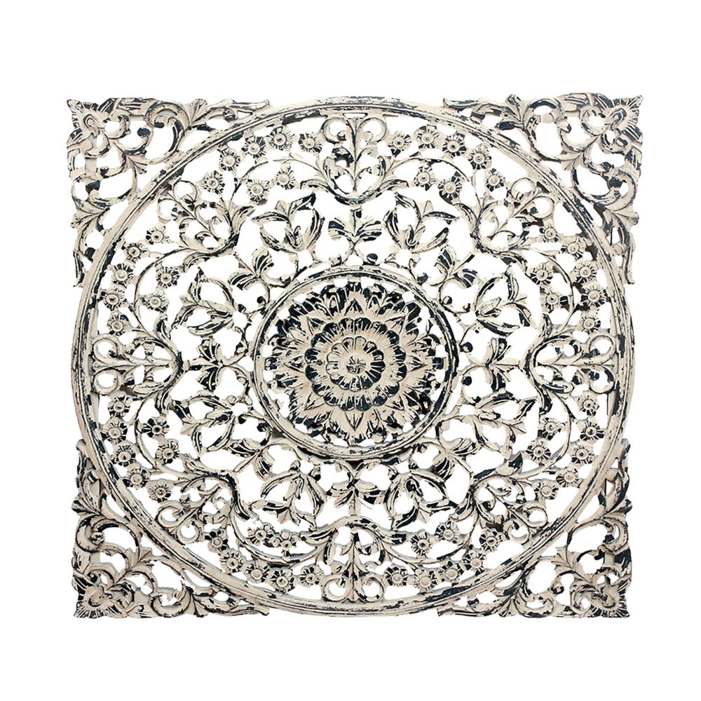 36 x 36 Decorative Wood Wall Panel, Intricate Carved Design, Silver Finish