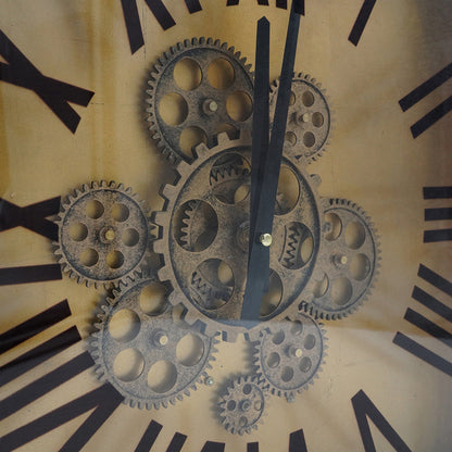 16 Inch Square Wall Clock, Gear Design, Roman Numeral, Gold, Black Finish