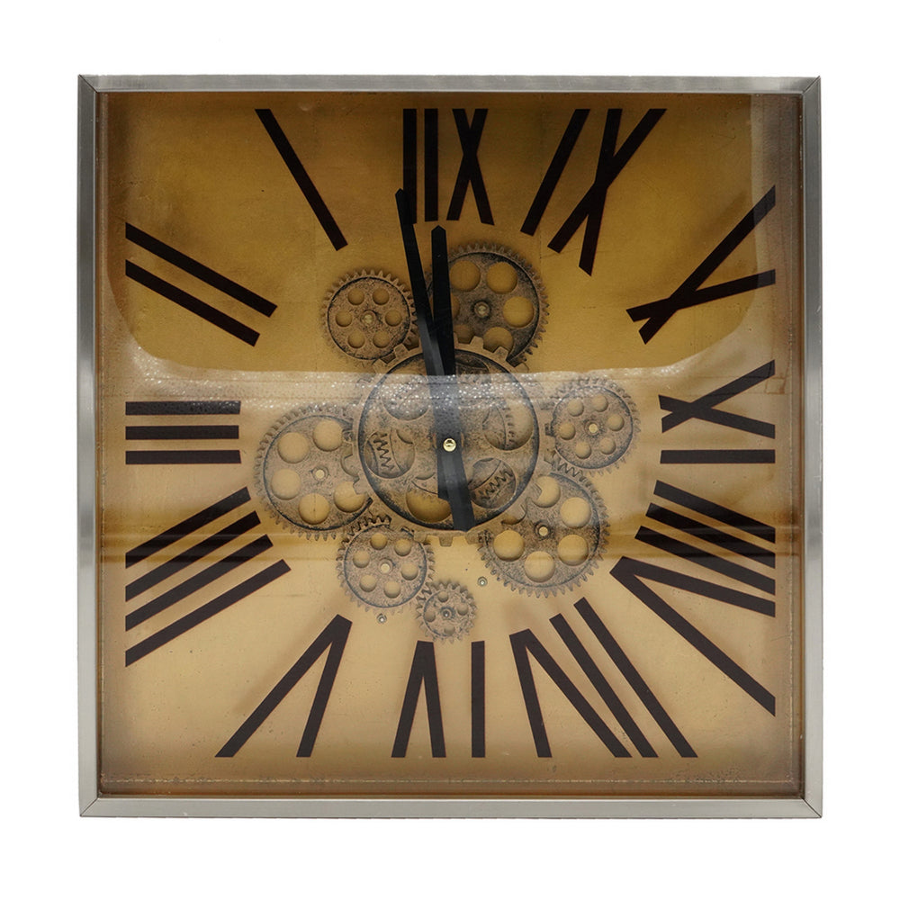 16 Inch Square Wall Clock, Gear Design, Roman Numeral, Gold, Black Finish