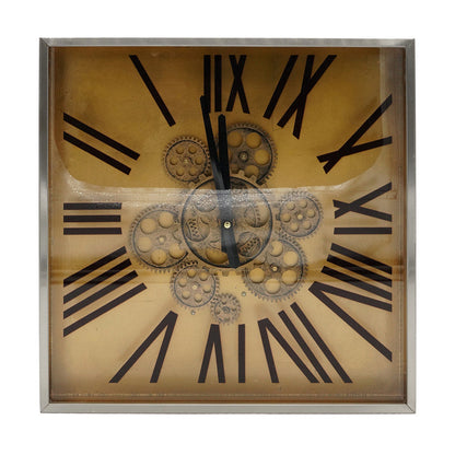 16 Inch Square Wall Clock, Gear Design, Roman Numeral, Gold, Black Finish