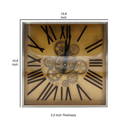 16 Inch Square Wall Clock, Gear Design, Roman Numeral, Gold, Black Finish