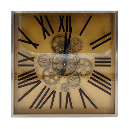 16 Inch Square Wall Clock, Gear Design, Roman Numeral, Gold, Black Finish