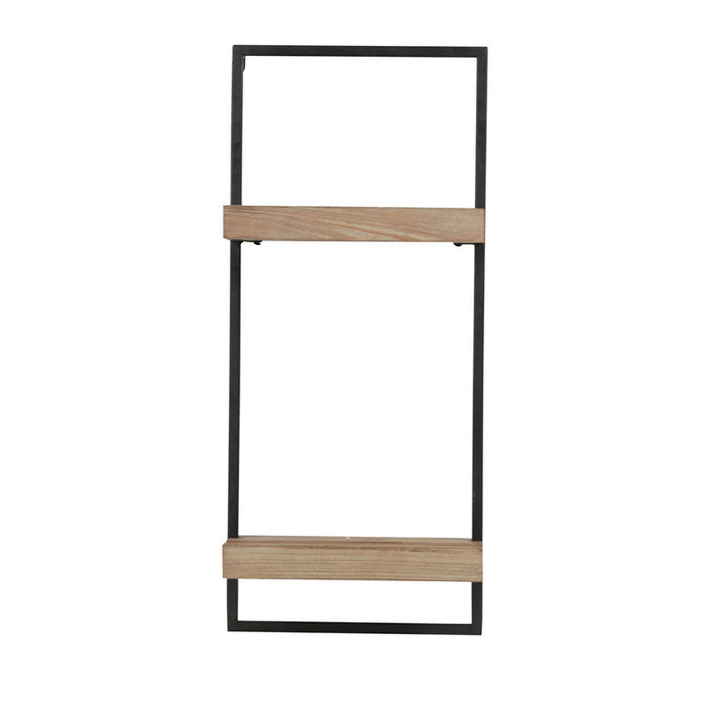 Yin 27 Inch Wall Shelf with 2 Tiers, Rectangular Black Iron, Brown Wood