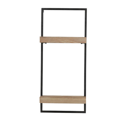 Yin 27 Inch Wall Shelf with 2 Tiers, Rectangular Black Iron, Brown Wood