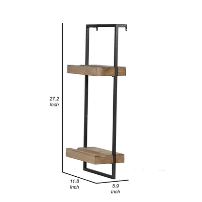 Yin 27 Inch Wall Shelf with 2 Tiers, Rectangular Black Iron, Brown Wood