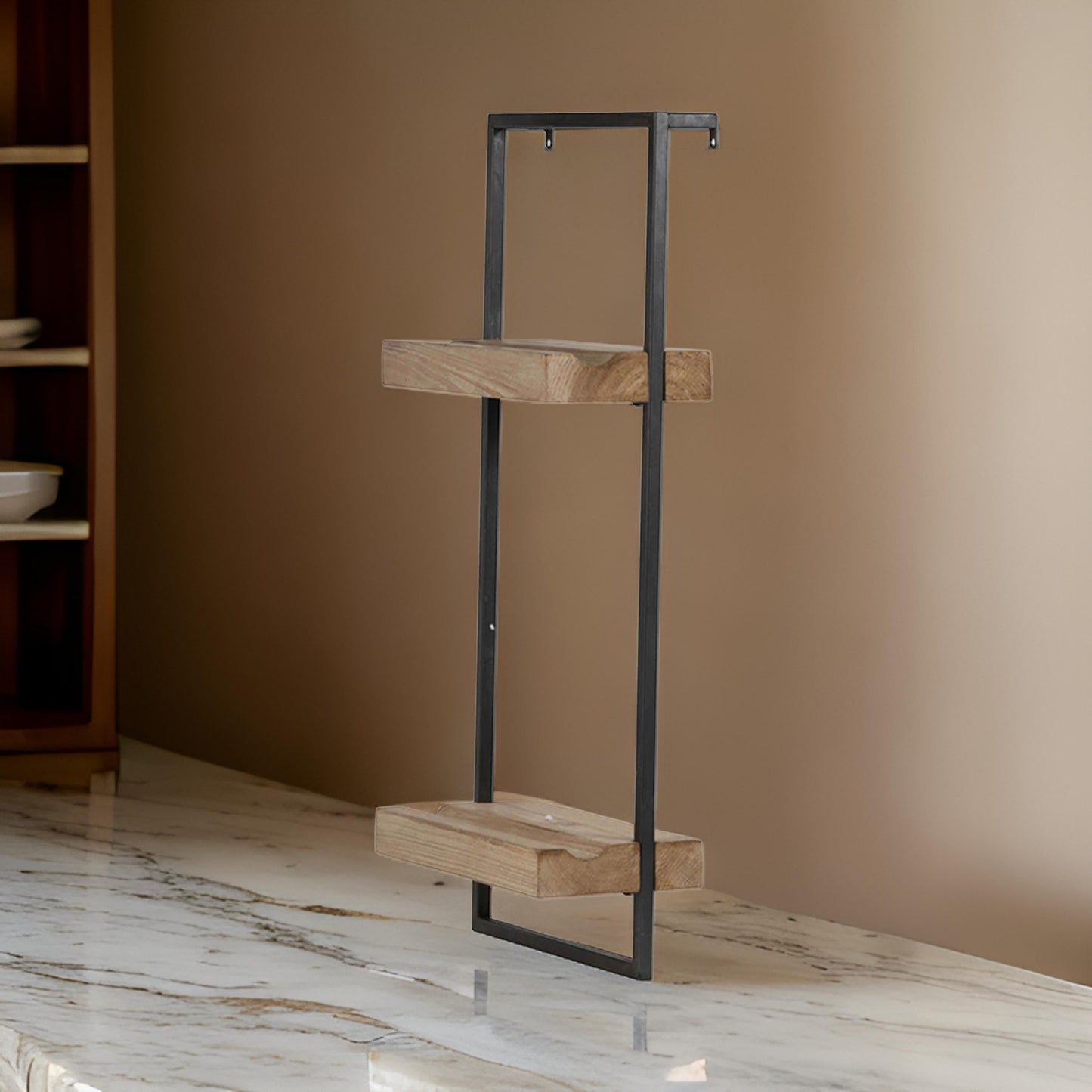 Yin 27 Inch Wall Shelf with 2 Tiers, Rectangular Black Iron, Brown Wood