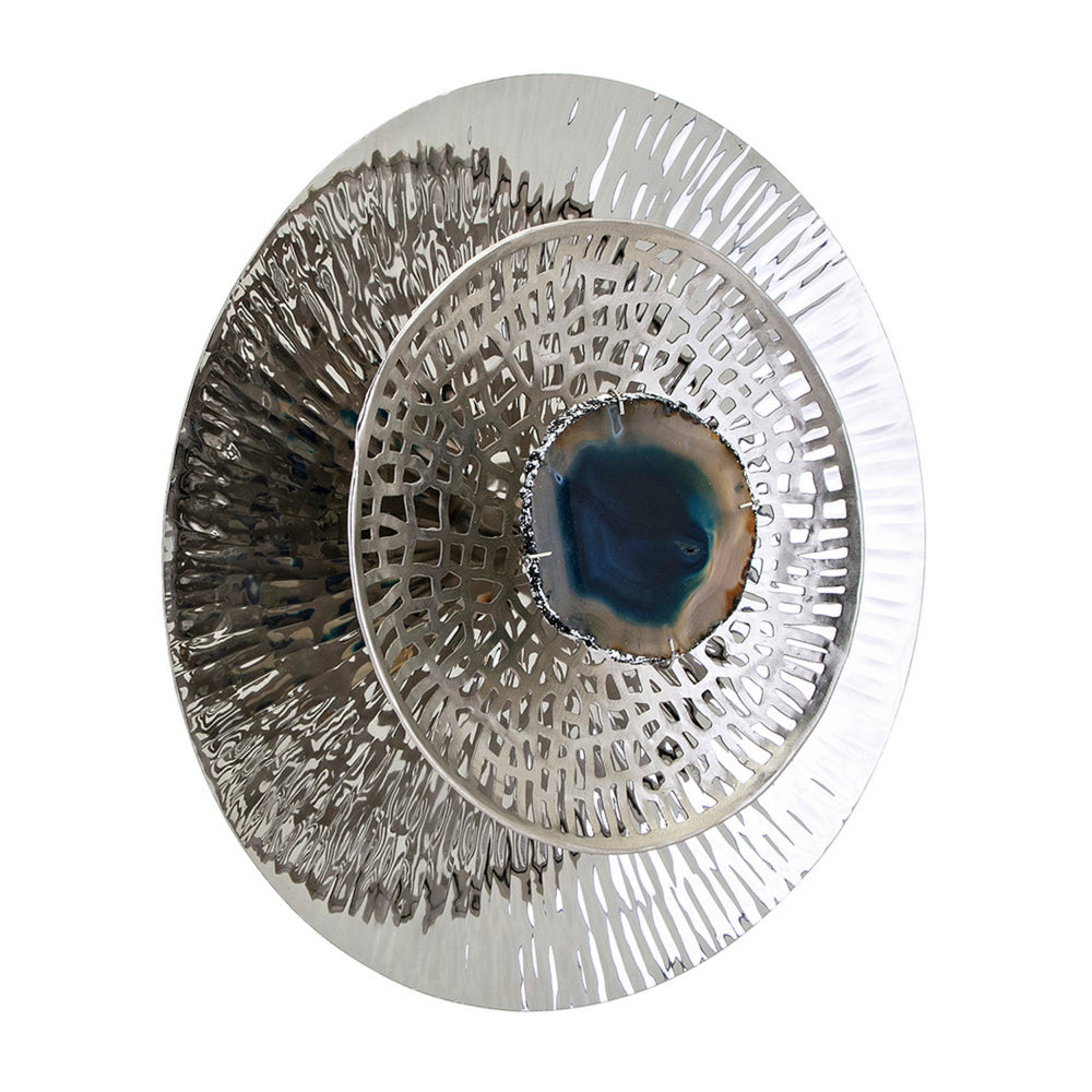 Set of 3 Decorative Wall Art Discs, Textured, Silver Steel, Blue Agate