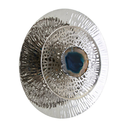 Set of 3 Decorative Wall Art Discs, Textured, Silver Steel, Blue Agate