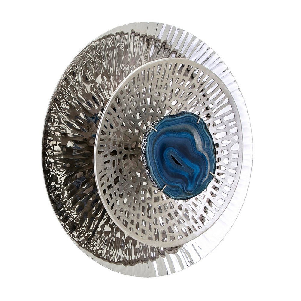 Set of 3 Decorative Wall Art Discs, Textured, Silver Steel, Blue Agate