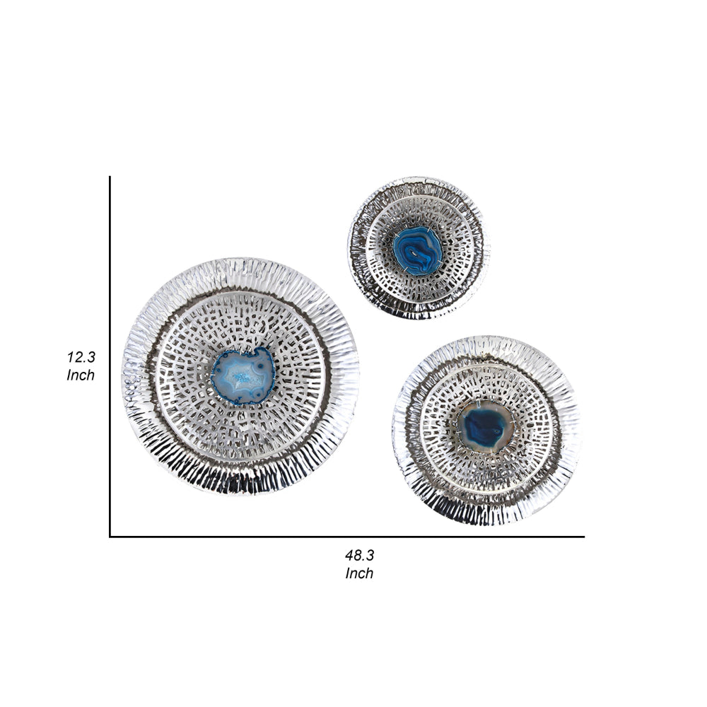 Set of 3 Decorative Wall Art Discs, Textured, Silver Steel, Blue Agate
