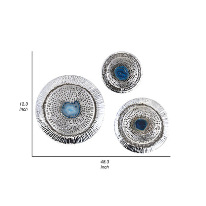 Set of 3 Decorative Wall Art Discs, Textured, Silver Steel, Blue Agate