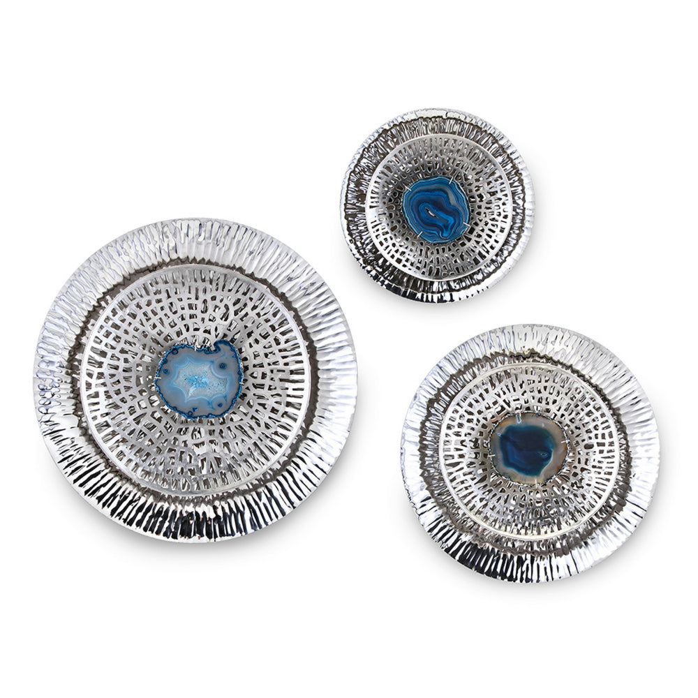 Set of 3 Decorative Wall Art Discs, Textured, Silver Steel, Blue Agate