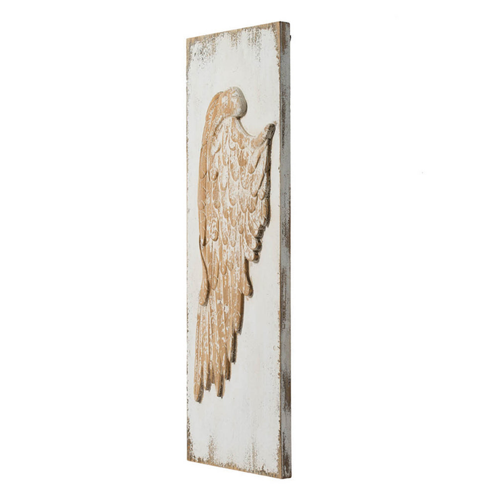 42 Inch Wood Wing Wall Art Decor Set of 2, Fir Wood Frame, White and Beige
