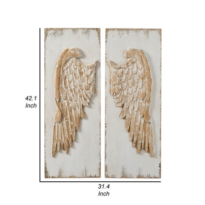42 Inch Wood Wing Wall Art Decor Set of 2, Fir Wood Frame, White and Beige