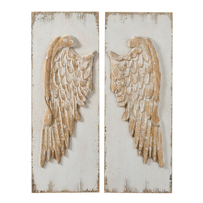 42 Inch Wood Wing Wall Art Decor Set of 2, Fir Wood Frame, White and Beige