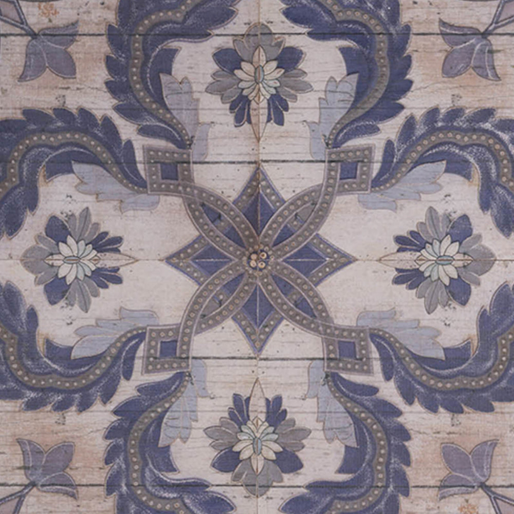 Lina 48 Inch Blooming Wall Art Tile, Square, Floral Mandala, Blue, Ivory