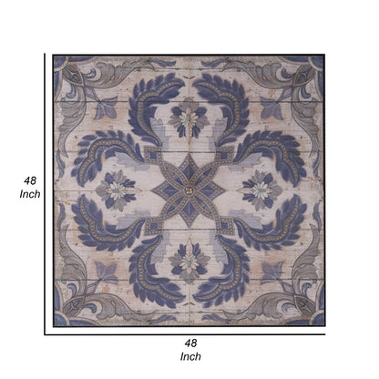 Lina 48 Inch Blooming Wall Art Tile, Square, Floral Mandala, Blue, Ivory