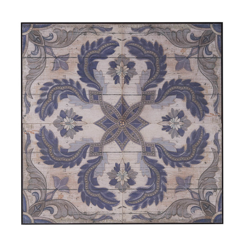 Lina 48 Inch Blooming Wall Art Tile, Square, Floral Mandala, Blue, Ivory