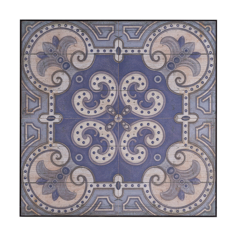 Lina 48 Inch Bordered Wall Art Tile, Square, Floral Mandala, Blue, Ivory