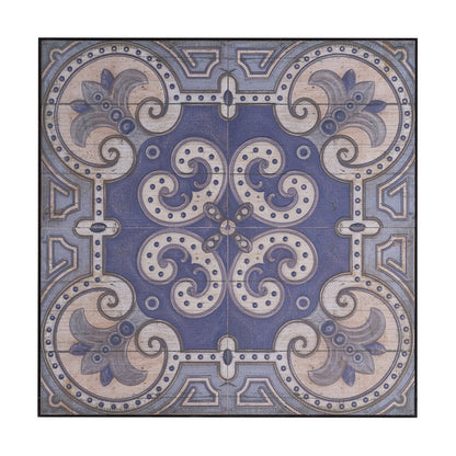 Lina 48 Inch Bordered Wall Art Tile, Square, Floral Mandala, Blue, Ivory