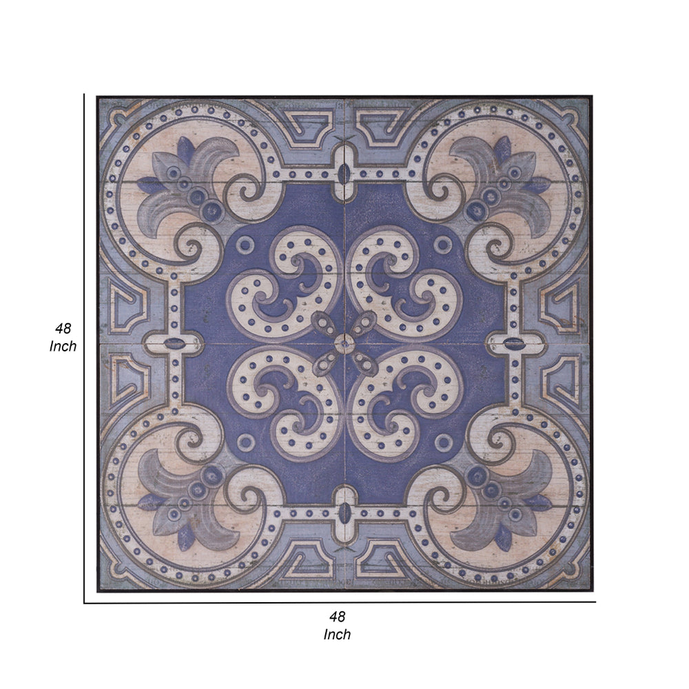 Lina 48 Inch Bordered Wall Art Tile, Square, Floral Mandala, Blue, Ivory