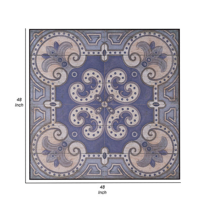 Lina 48 Inch Bordered Wall Art Tile, Square, Floral Mandala, Blue, Ivory