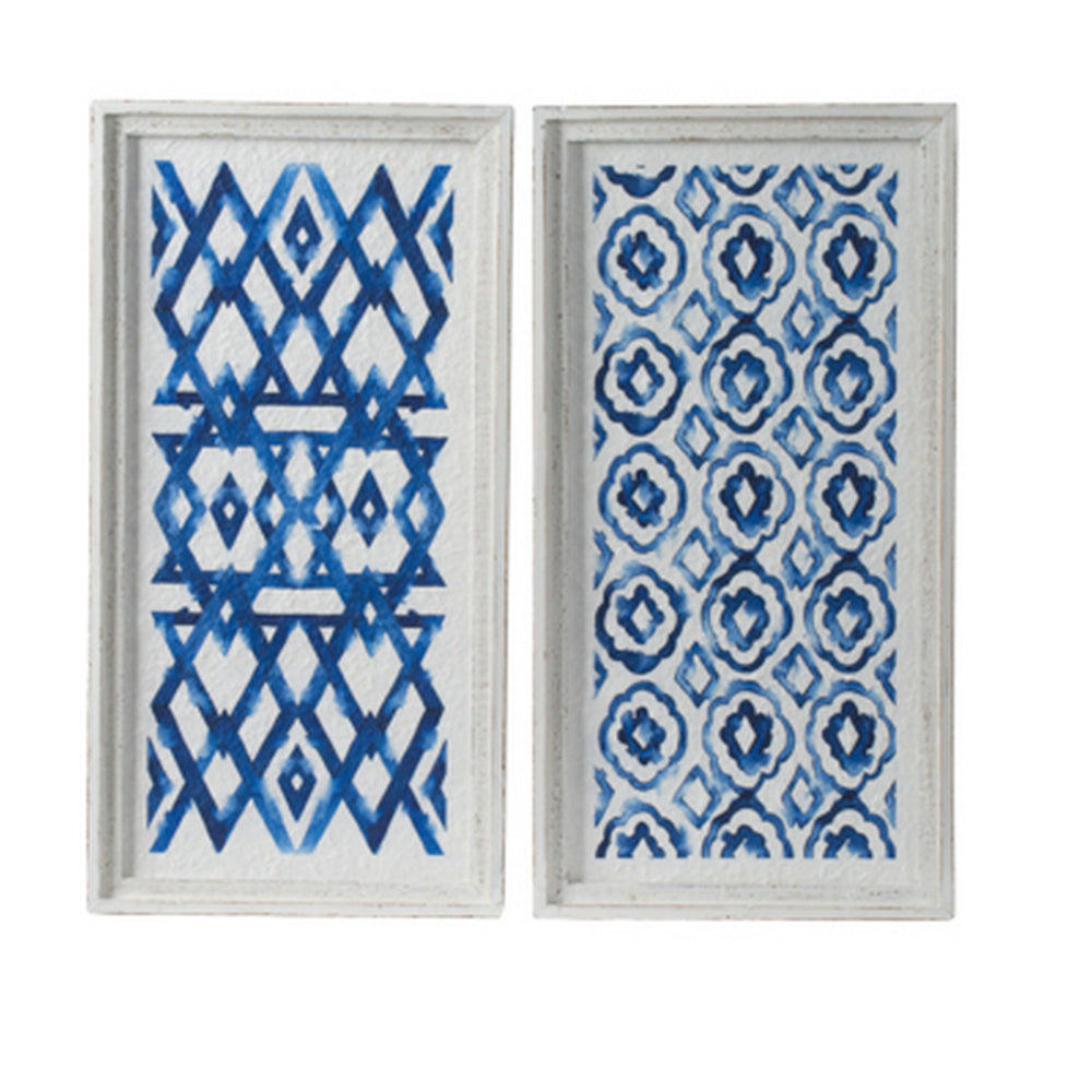 25 Inch Wall Decor Sculpture Set of 2, Fir Wood, Abstract Blue, White