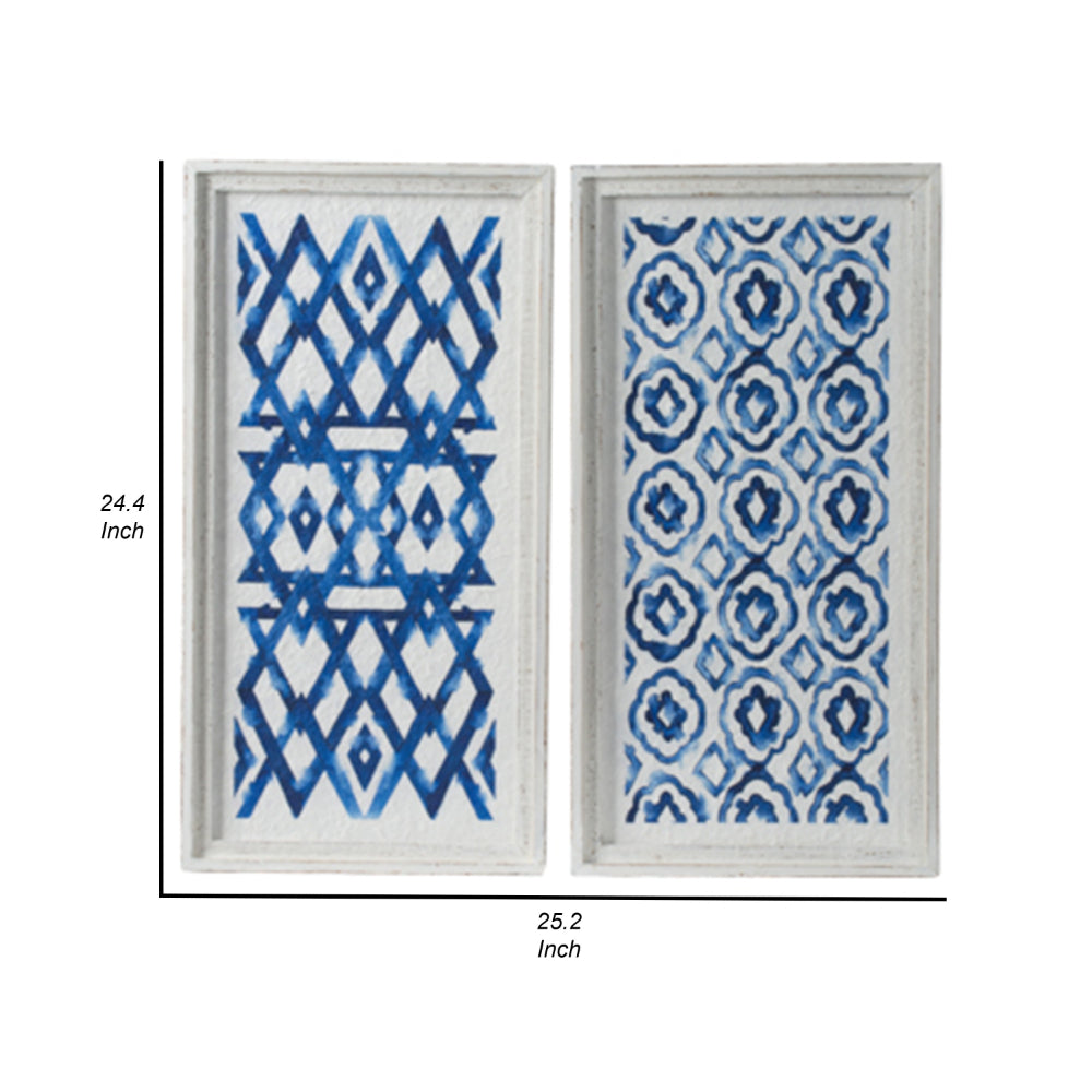 25 Inch Wall Decor Sculpture Set of 2, Fir Wood, Abstract Blue, White