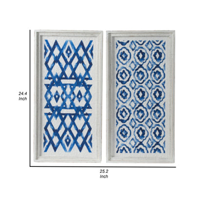 25 Inch Wall Decor Sculpture Set of 2, Fir Wood, Abstract Blue, White