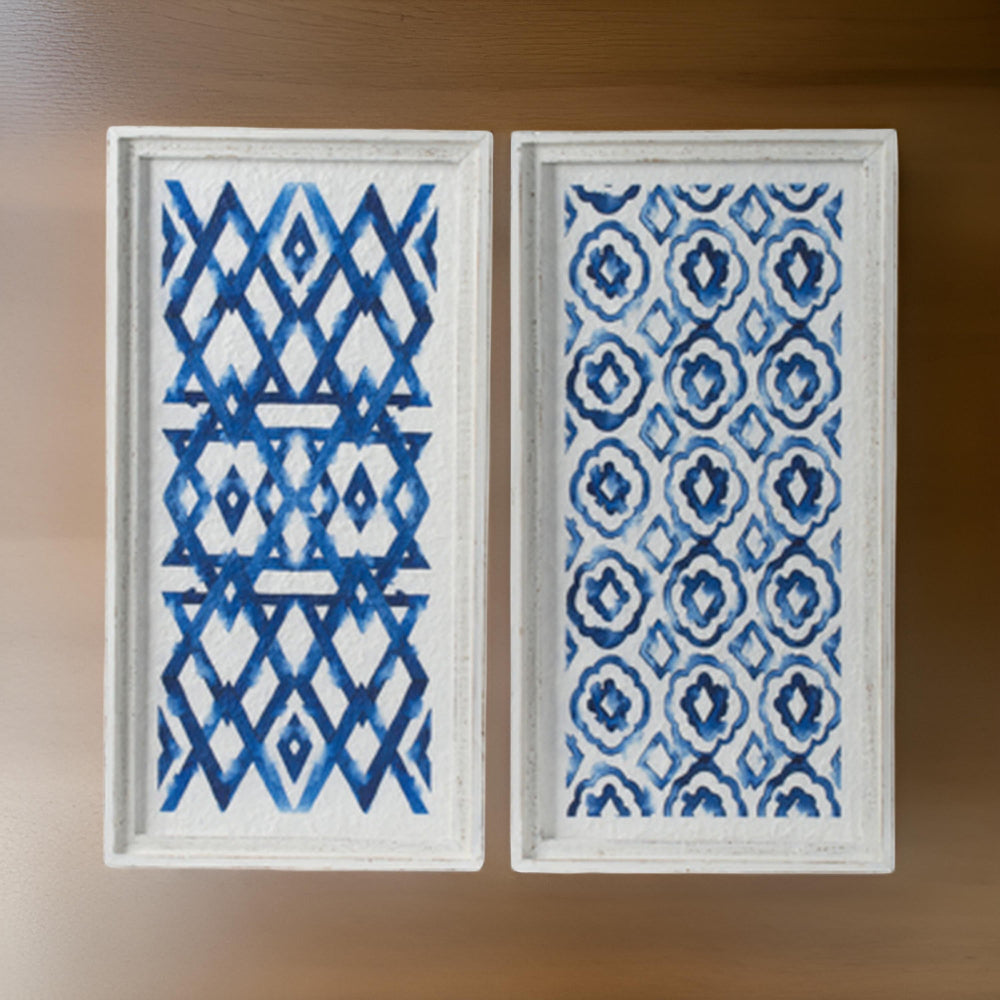 25 Inch Wall Decor Sculpture Set of 2, Fir Wood, Abstract Blue, White