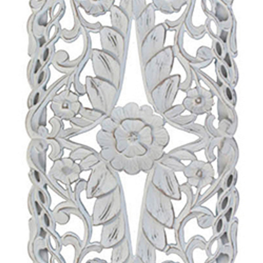 60 Inch Tall Decorative Panel, Carved Floral Vine Design, Mango Wood, White