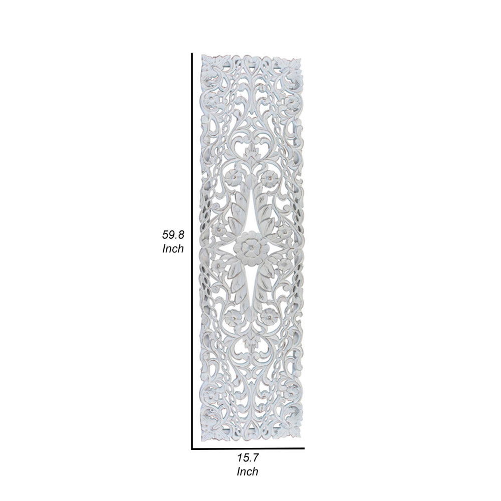 60 Inch Tall Decorative Panel, Carved Floral Vine Design, Mango Wood, White