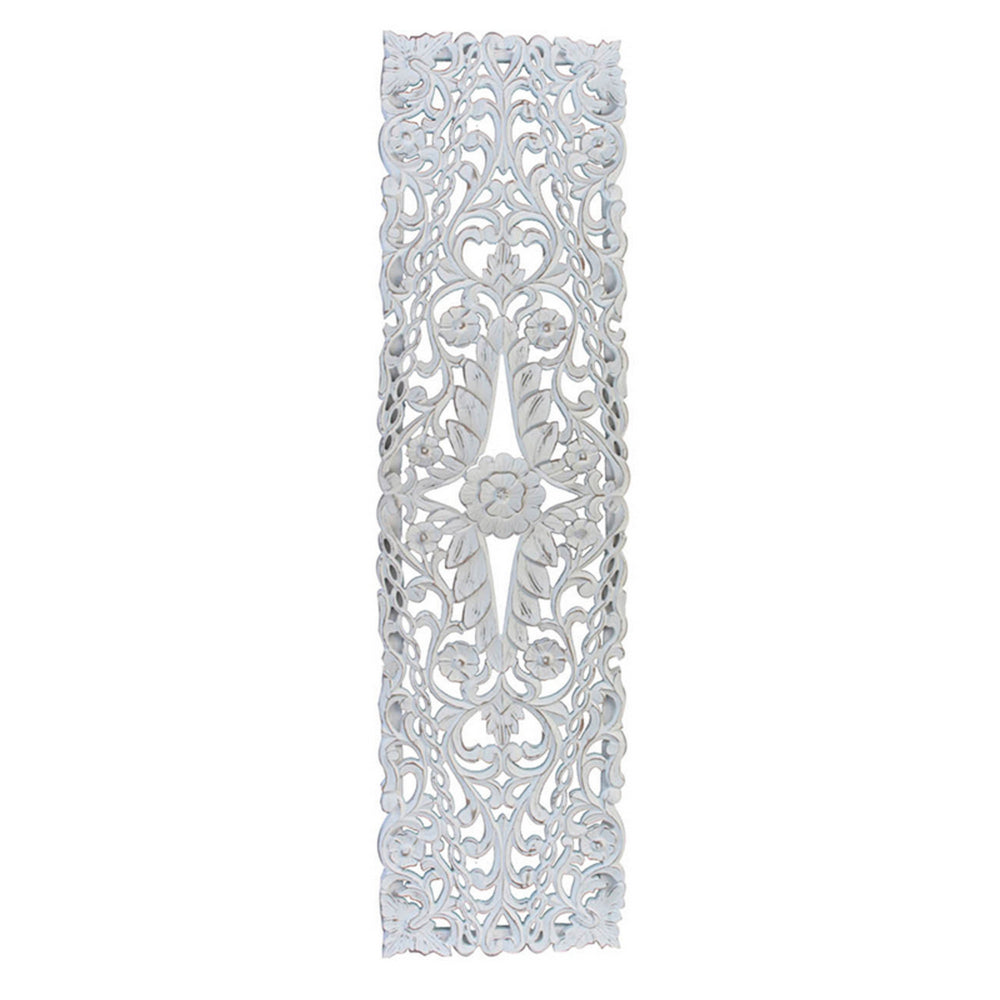 60 Inch Tall Decorative Panel, Carved Floral Vine Design, Mango Wood, White