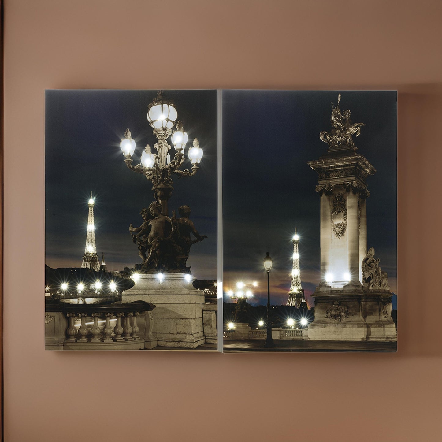 35 x 47 Wall Print Set of 2, Lit Eiffel Tower Design, LED, Black, White