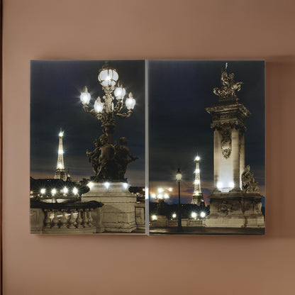 35 x 47 Wall Print Set of 2, Lit Eiffel Tower Design, LED, Black, White