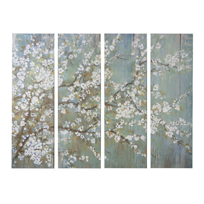 19 x 59 Wall Art Canvas Print Set of 4, White Cherry Blossom, Green Brown