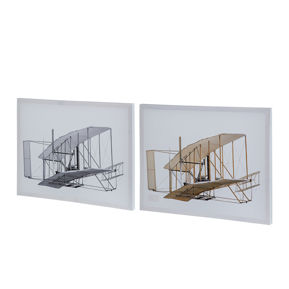 16 x 20 Wall Art Set of 2, Traditional Vintage Plane Design, White, Gray