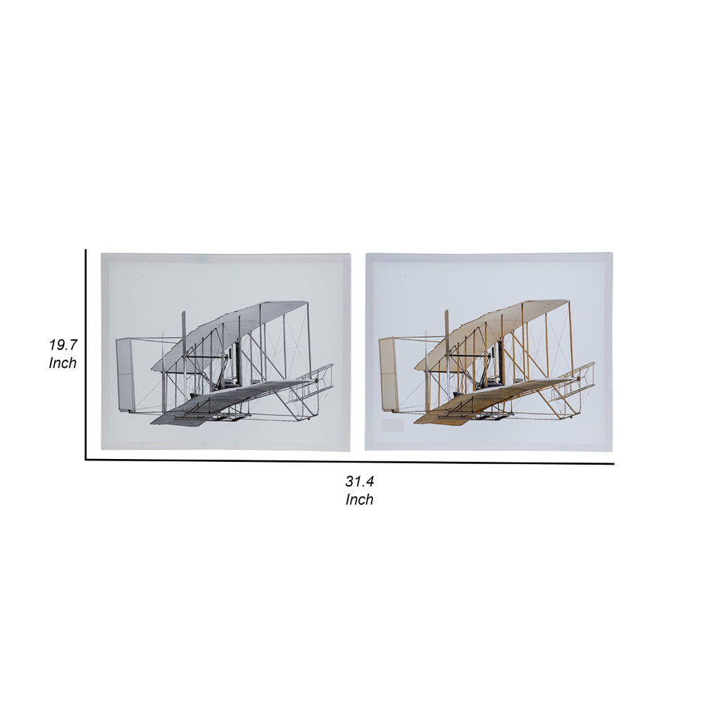 16 x 20 Wall Art Set of 2, Traditional Vintage Plane Design, White, Gray